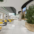 Modern Dining Hall Interior Featuring Yellow Grey Chairs White Tables Green Striped Ceiling Arch Structures 3d model