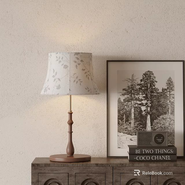 Wooden Base Table Lamp with Floral Pattern Linen Shade for Bedroom Study Room Decor 3d model 