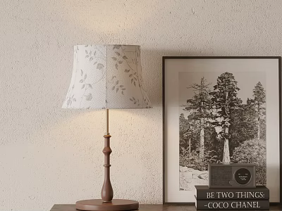 Wooden Base Table Lamp with Floral Pattern Linen Shade for Bedroom Study Room Decor 3d model