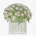Beautiful White Tulips Arrangement In Transparent Glass Vase With Green Leaves