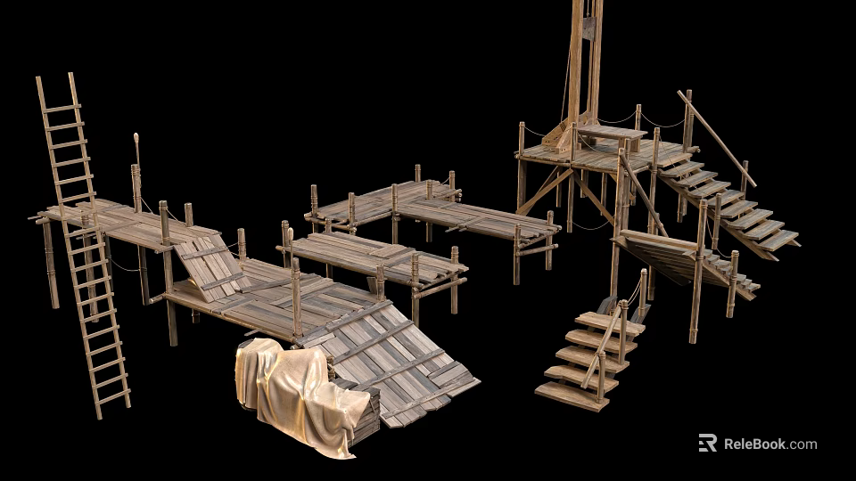 Ancient Architectural Wooden Scaffolding With Planks Platforms Stairs And Ladders 3d model 