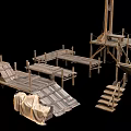 Ancient Architectural Wooden Scaffolding With Planks Platforms Stairs And Ladders