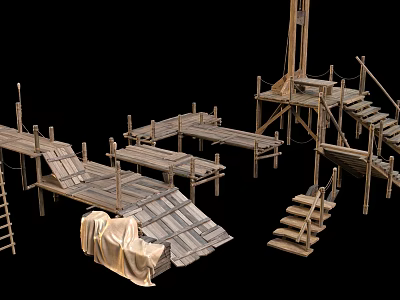 Ancient Architectural Wooden Scaffolding With Planks Platforms Stairs And Ladders 3d model