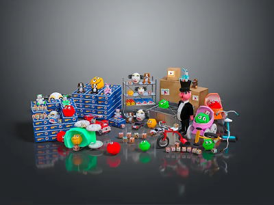 Colorful Household Items Toys Blue Boxes Yellow Dolls Green Balls And Models 3d model