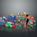 Colorful Household Items Toys Blue Boxes Yellow Dolls Green Balls And Models