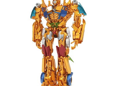 Detailed Golden Blue Transformers Action Figure With Mechanical Joints And Wheels 3d model