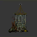 Ancient Ruined 3D Tower Model With Wooden Roof Stone Stairs And Glowing Lights