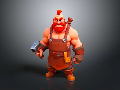 Muscular Man With Red Hair And Beard Holding Hammer And Axe In Overalls 3d model