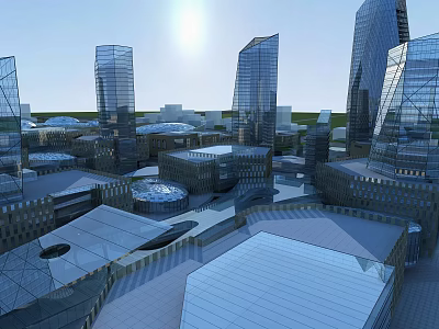 Modern High Rise Residential Buildings in City with Glass Curtain Walls under Sunlight Aerial View 3d model