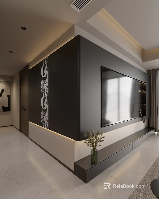 Modern Luxury TV Wall with Black White Marble Texture LED Lights Built-in TV Storage Cabinets 3d model 