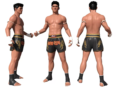 Muscular Muay Thai Man in Black Shorts Gold Patterns Arm Leg Wraps Front Back Views 3d model