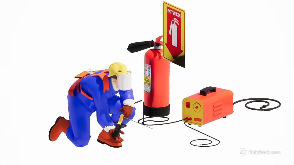 Man in Blue Uniform Kneeling Using Tool Near Red Fire Extinguisher Yellow Machine Red Sign 3d model 