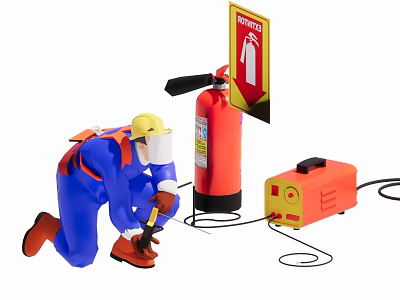 Man in Blue Uniform Kneeling Using Tool Near Red Fire Extinguisher Yellow Machine Red Sign 3d model