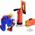 Man in Blue Uniform Kneeling Using Tool Near Red Fire Extinguisher Yellow Machine Red Sign