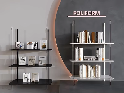 Black And White Poliform Shelving Units With Books And Photo Frames On Grey Wall 3d model