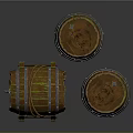 Vintage Wooden Barrels With Metal Hoops And Mossy Texture On Stand