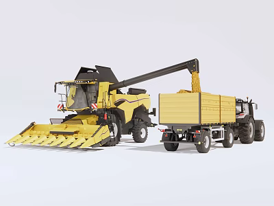 Yellow Combine Harvester And Trailer Agricultural Functional Vehicles For Harvesting 3d model