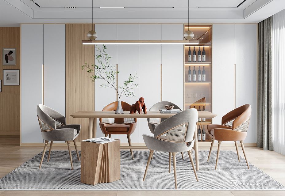 Modern Restaurant Interior Design With Dining Table Chairs Pendant Lights And Decorative Plant 3d model 