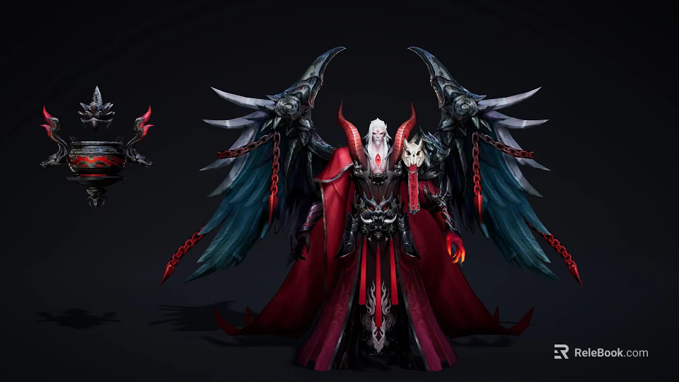 Game Movie Character With Large Dark Wings Red Flowing Robe Black Blue Demonic Armor Details 3d model 