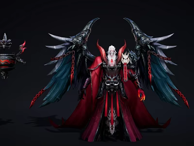 Game Movie Character With Large Dark Wings Red Flowing Robe Black Blue Demonic Armor Details 3d model