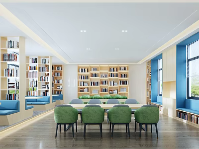 Book Art Inspired Reading Space Interior With Wooden Bookshelves Green Chairs And Large Table 3d model