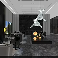 Modern Sales Office Interior Featuring Hanging Whale Sculptures Large Windows City View and Marble Floor