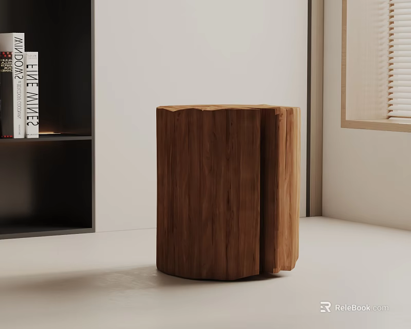 Natural Wooden Cylindrical Side Table In Modern Interior With Bookshelf And Window 3d model 