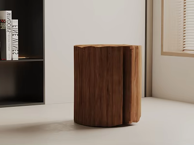 Natural Wooden Cylindrical Side Table In Modern Interior With Bookshelf And Window 3d model
