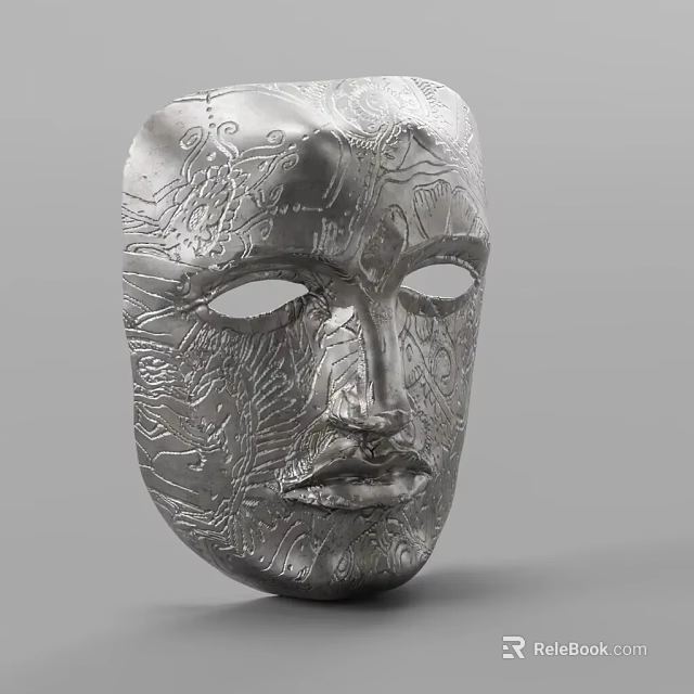 Silver Carved Human Face Mask With Intricate Patterns And Smooth Surface 3d model 