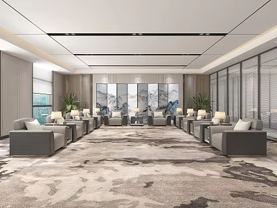 Modern Hotel Public Lounge Area With Comfortable Sofas Decorative Carpet And Art Wall Decor 3d model