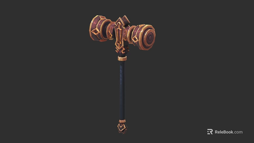 Fantasy Ornate Hammer Weapon With Gold Red Decorative Design And Black Handle 3d model 