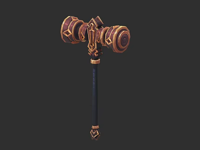 Fantasy Ornate Hammer Weapon With Gold Red Decorative Design And Black Handle 3d model
