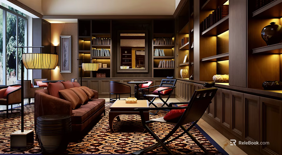 Elegant Sofa Coffee Table Set With Wooden Bookshelves Floor Lamp And Rug 3d model 