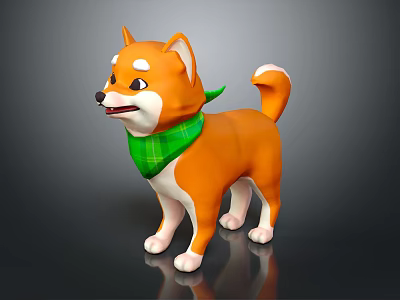 Cute Orange Shiba Inu Dog With Green Plaid Scarf Standing In 3D Rendered Scene 3d model
