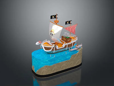 Pirate Ship Model With Wooden Hull Sails Jolly Roger Flags And Blue Water Base 3d model