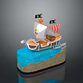 Pirate Ship Model With Wooden Hull Sails Jolly Roger Flags And Blue Water Base