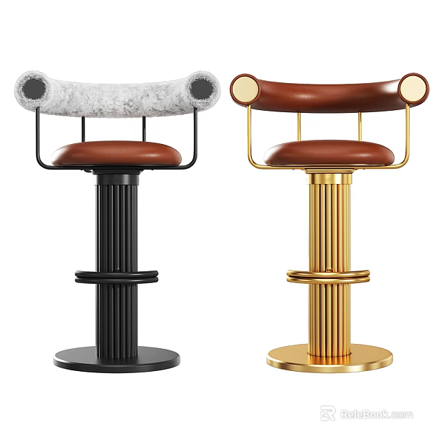 Modern Bar Stools With Gray Faux Fur Brown Leather Seats Black Gold Fluted Bases 3d model 