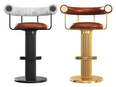 Modern Bar Stools With Gray Faux Fur Brown Leather Seats Black Gold Fluted Bases 3d model