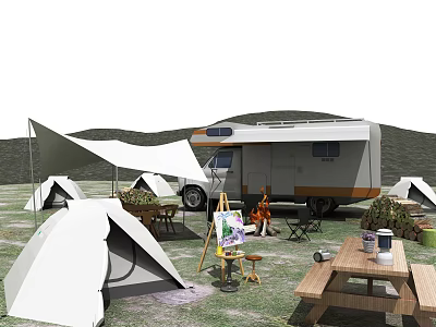 Garden Landscape Featuring RV Tents Easel Outdoor Seating And Natural Hills 3d model