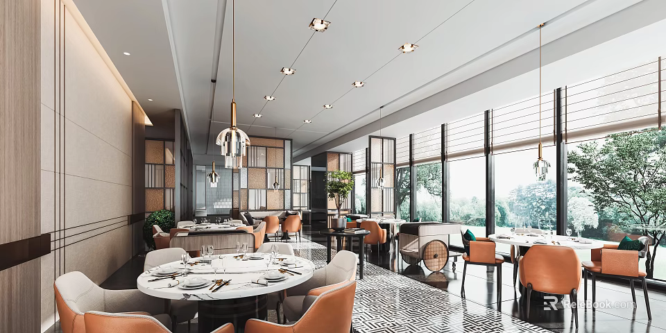 Modern Luxury Restaurant Interior With Chandeliers Round Tables Orange Chairs Large Windows And Green Plants 3d model 