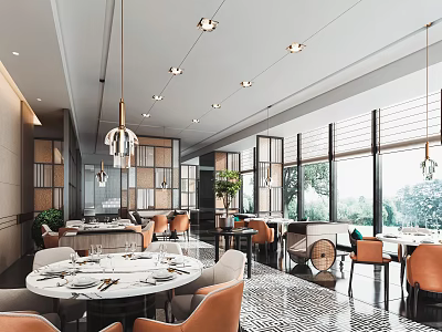 Modern Luxury Restaurant Interior With Chandeliers Round Tables Orange Chairs Large Windows And Green Plants 3d model