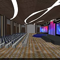 Modern Stage Design With Blue Circular Platform Steps Large Screens Colorful Graphics And Ceiling Lighting