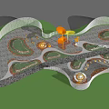 Tropical Park Landscape With Winding Pathways Circular Beds Palm Trees Yellow Accents And Lush Greenery