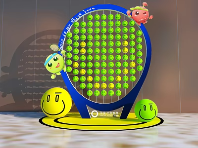 Colorful Blue Tennis Racket With Green Dots Cartoon Smiley Faces And Red Little Creature 3d model