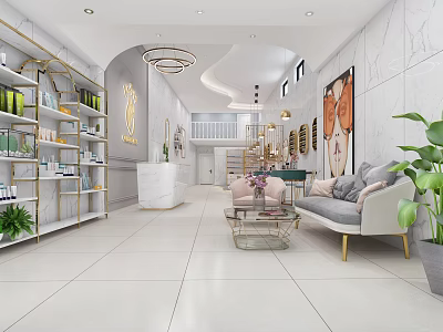 Elegant Beauty Salon Interior With White Marble Walls Golden Shelves Sofa Area And Green Plants 3d model