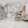 Elegant Beauty Salon Interior With White Marble Walls Golden Shelves Sofa Area And Green Plants