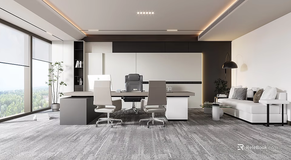 Modern Office Interior Design With Desk Chairs Sofa Plant And Large Window Lighting 3d model 