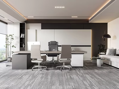 Modern Office Interior Design With Desk Chairs Sofa Plant And Large Window Lighting 3d model