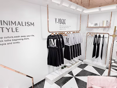 V VIGUE Minimalist Style Clothing Store With Black Dresses White Tops And Checkered Floor 3d model