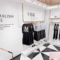 V VIGUE Minimalist Style Clothing Store With Black Dresses White Tops And Checkered Floor